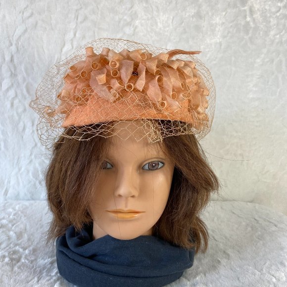 Vintage Accessories - Vintage 1960s Skol Nips by Max Skolnick Peach Ribbon Whimsy Hat Curly Q's net